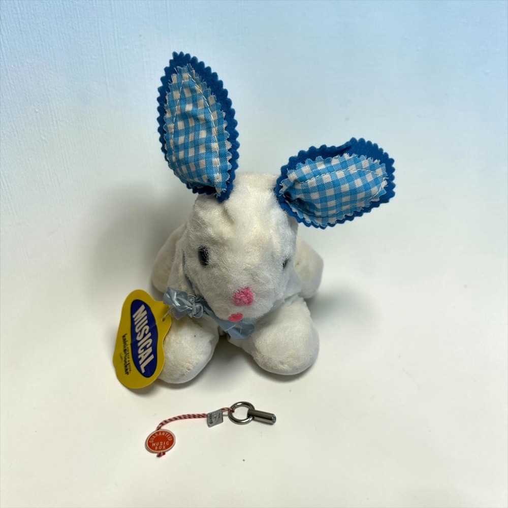 NOS Knickerbocker Musical Bunny Plush Vintage White Blue‎ Gingham 8" Key Tag